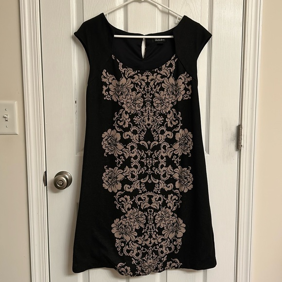 S.L. Fashions Black Cap Sleeve Knit Dress Cream Floral Pattern Size 14 EUC - Picture 1 of 8